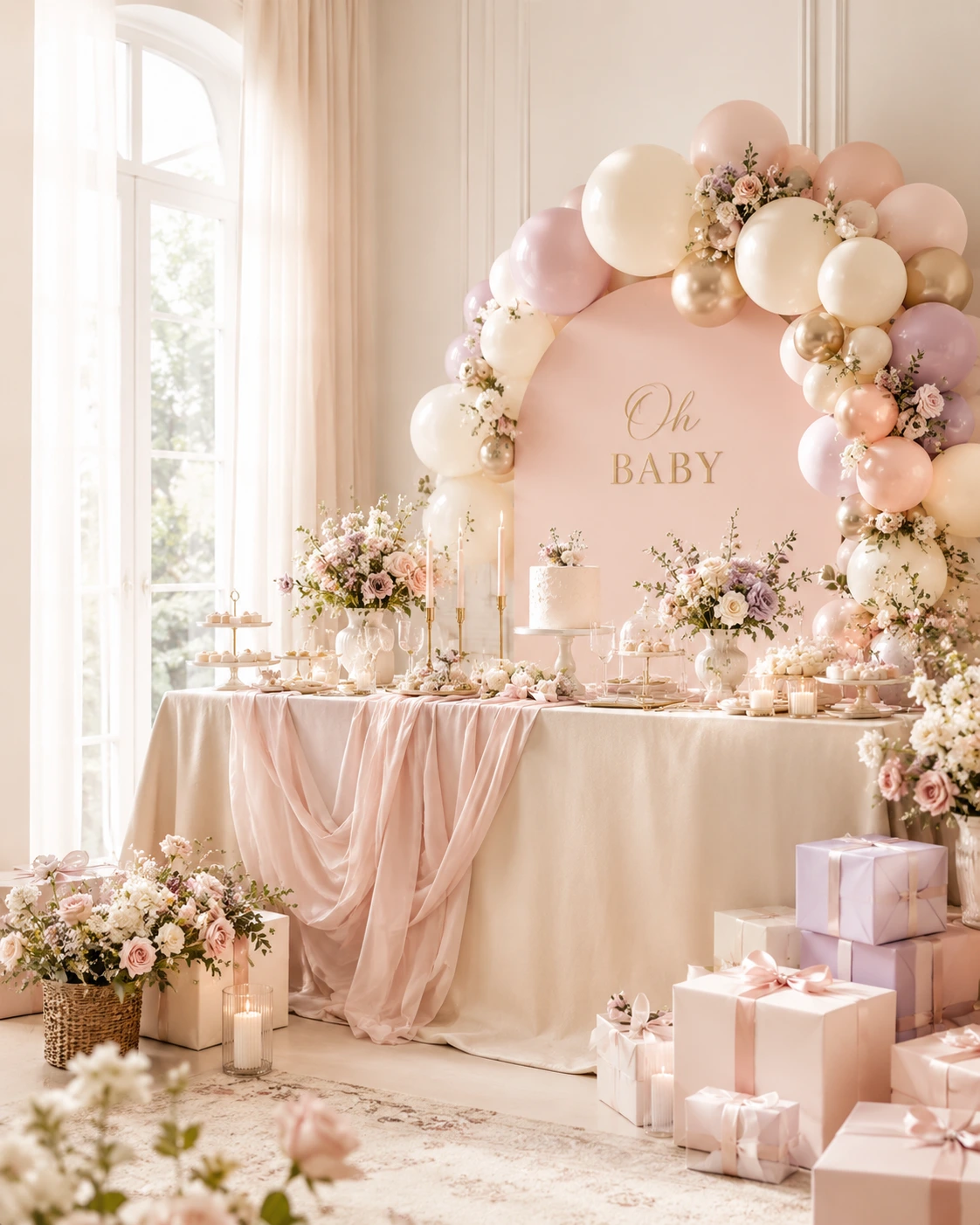 Decoración elegante de baby shower con globos, flores, regalos y mesa en tonos pastel