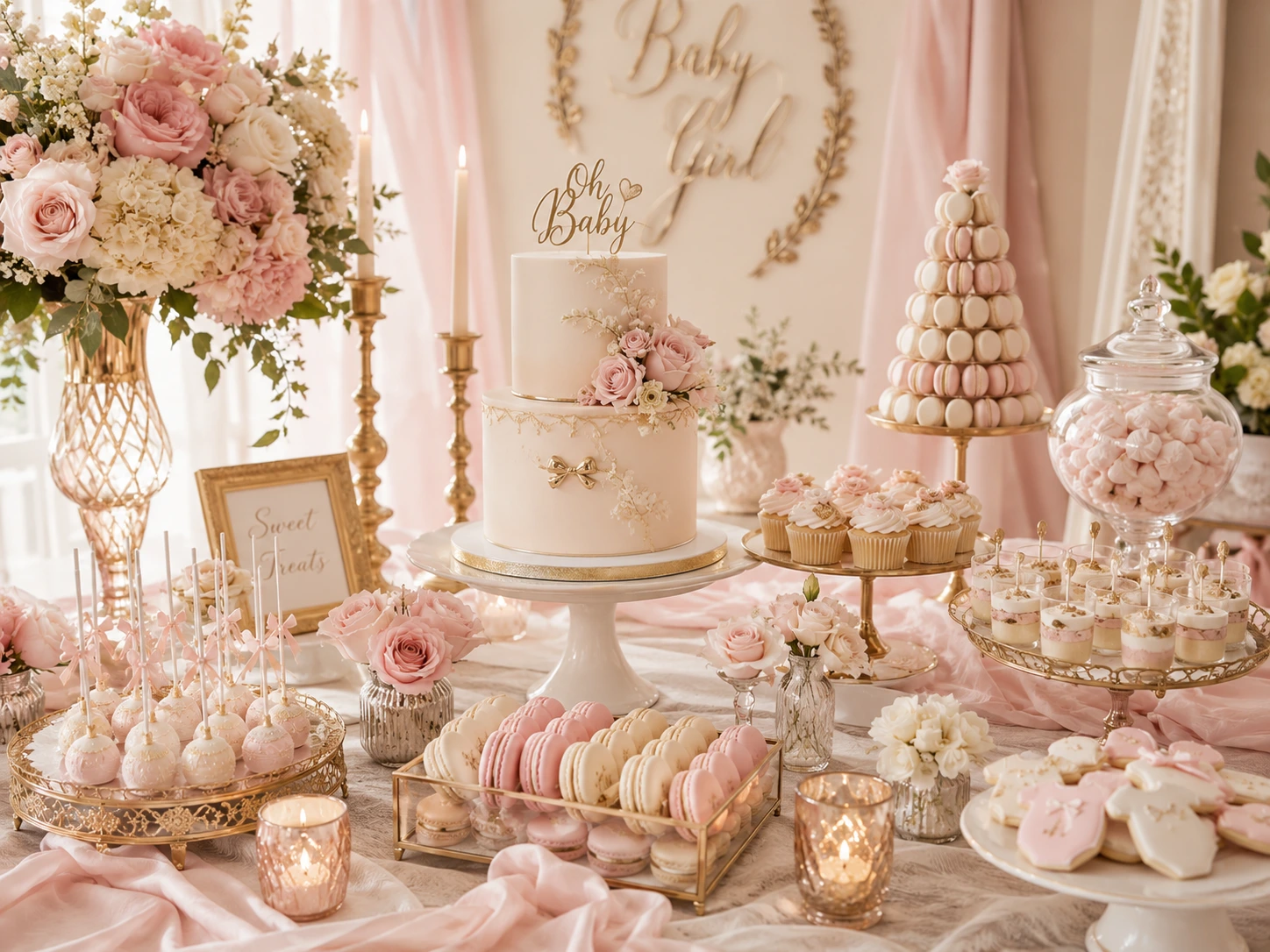 Mesa de dulces para baby shower con pastel, flores y postres