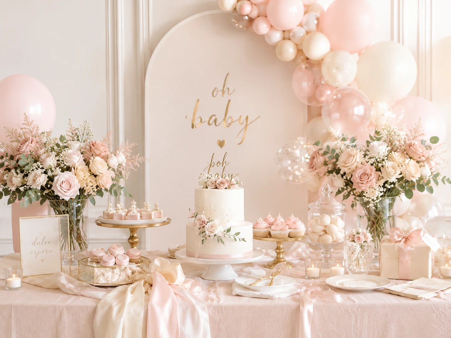 Mesa principal decorada para baby shower con flores, pastel y globos