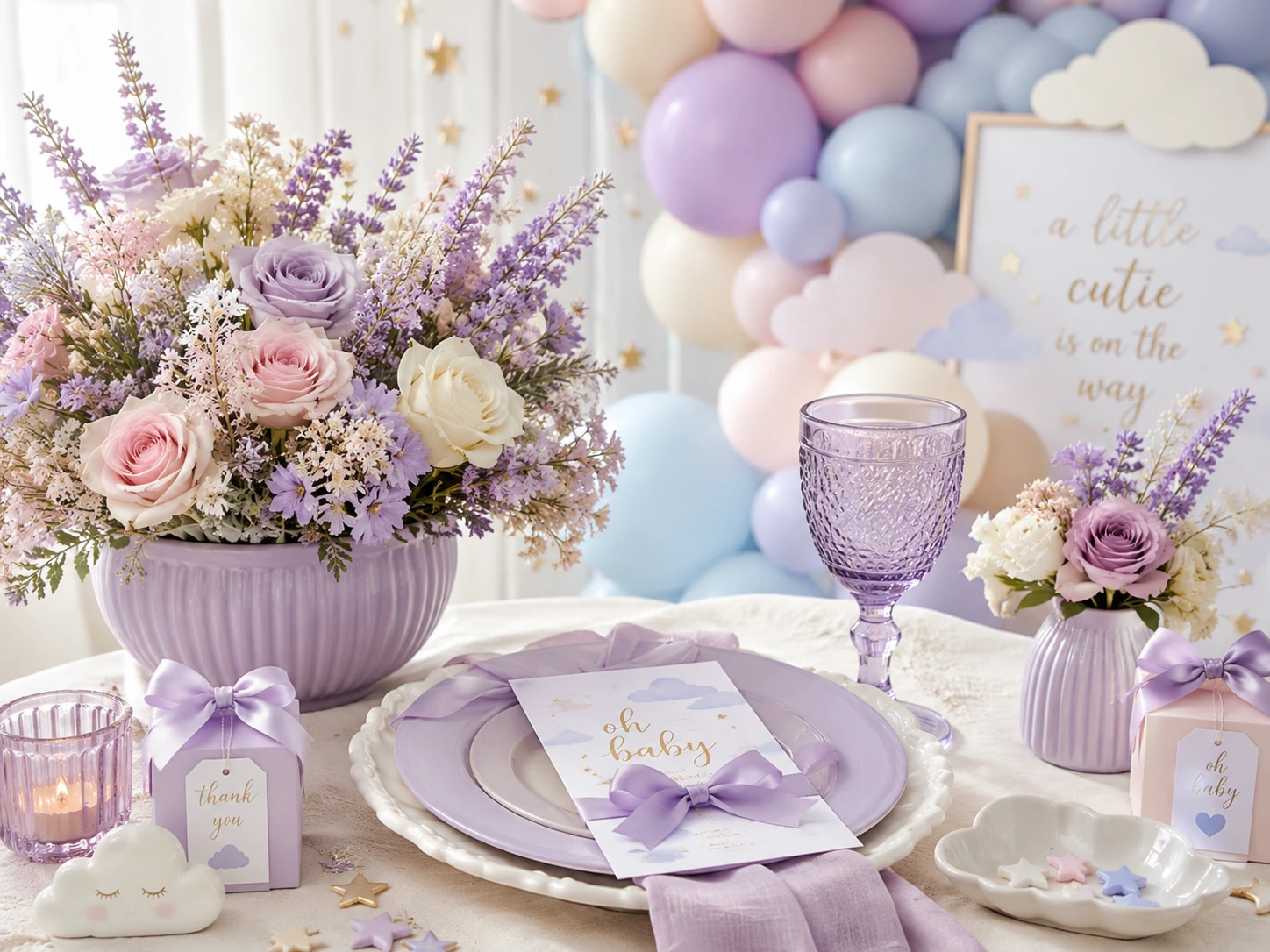 Paleta lavanda, blanco y rosa suave para baby shower