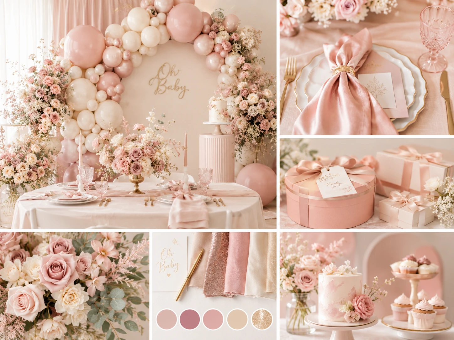 Paleta rosa empolvado y crema para decoración de baby shower