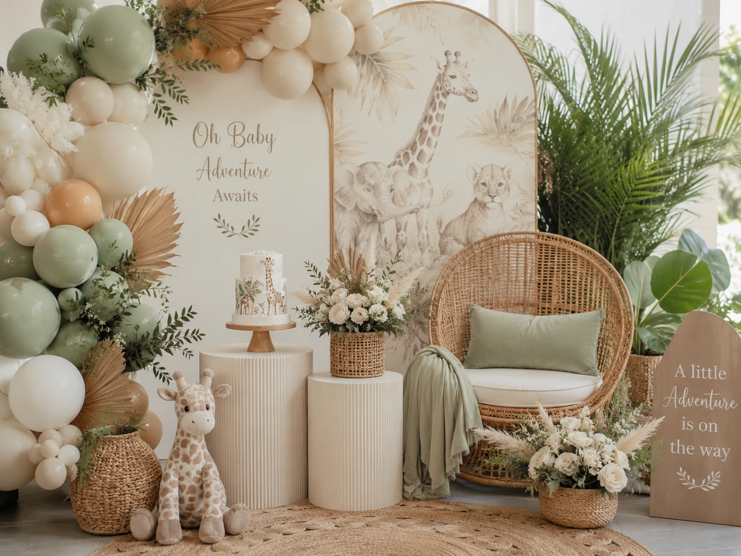 Paleta safari en tonos arena, salvia y beige para baby shower