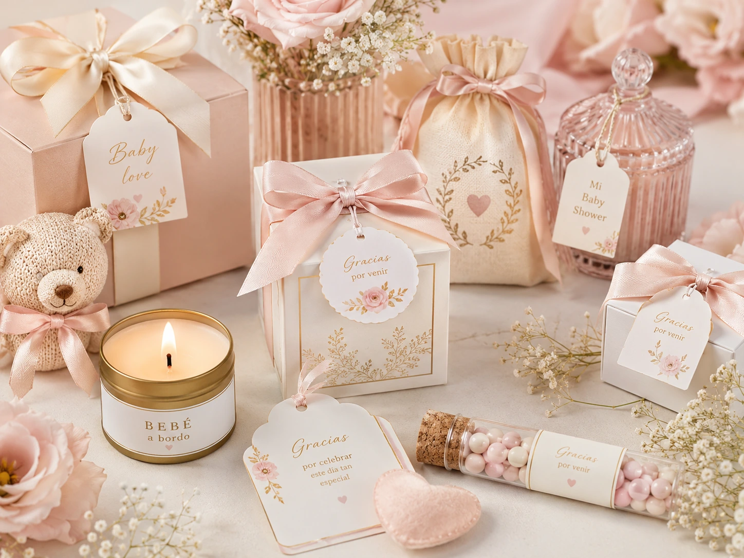 Recuerdos para invitados de baby shower con lazos y etiquetas