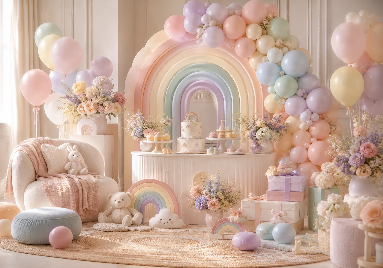 Tema arcoíris pastel para baby shower con globos suaves y decoración colorida