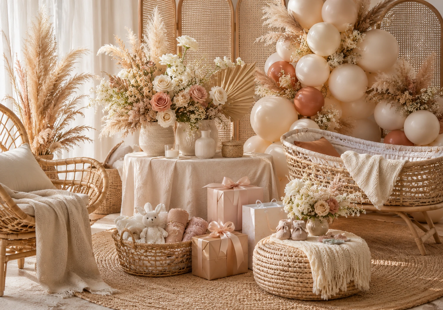 Tema boho para baby shower con pampas, textiles y tonos tierra claros