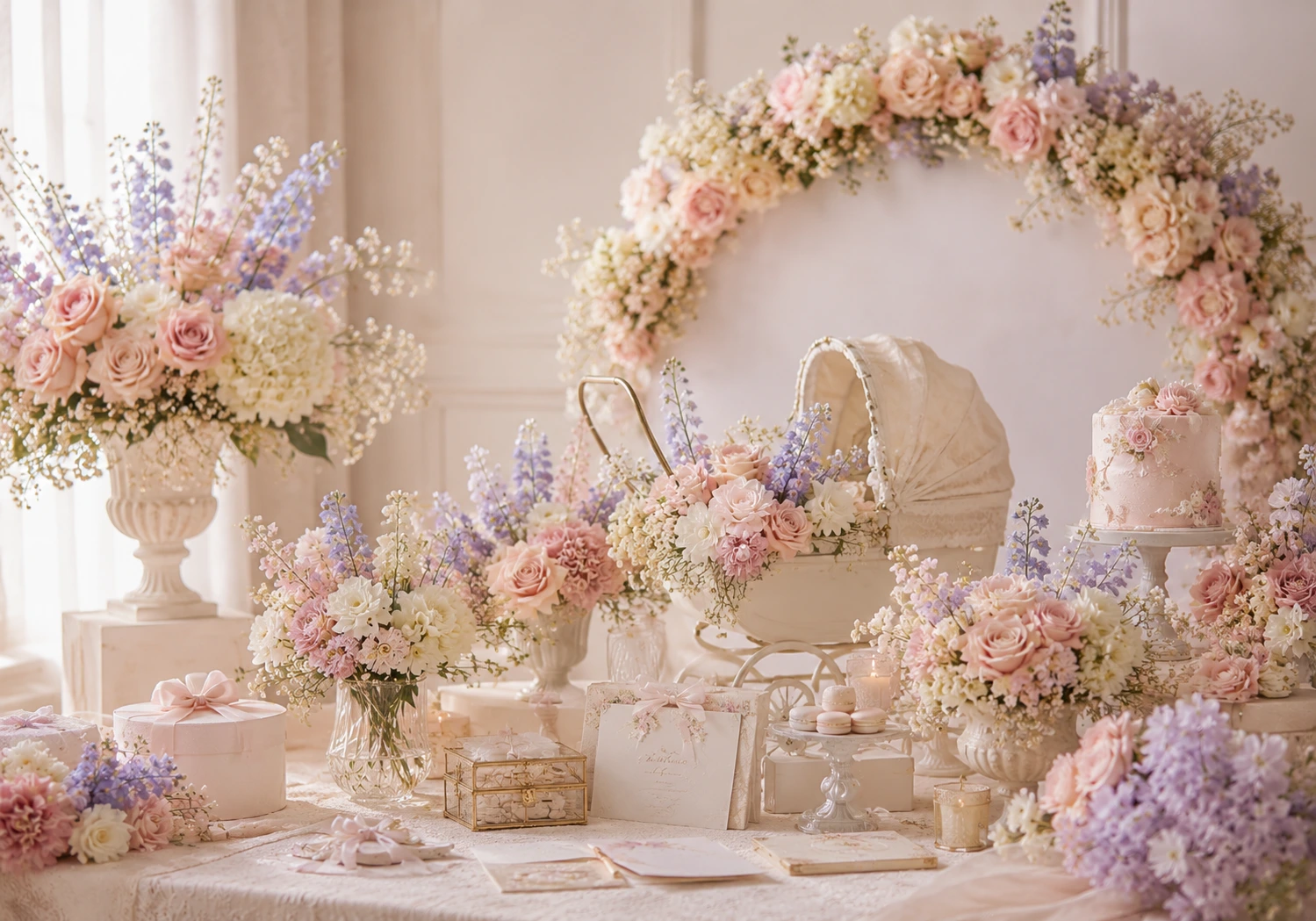 Tema floral de ensueño con flores rosadas y papelería elegante