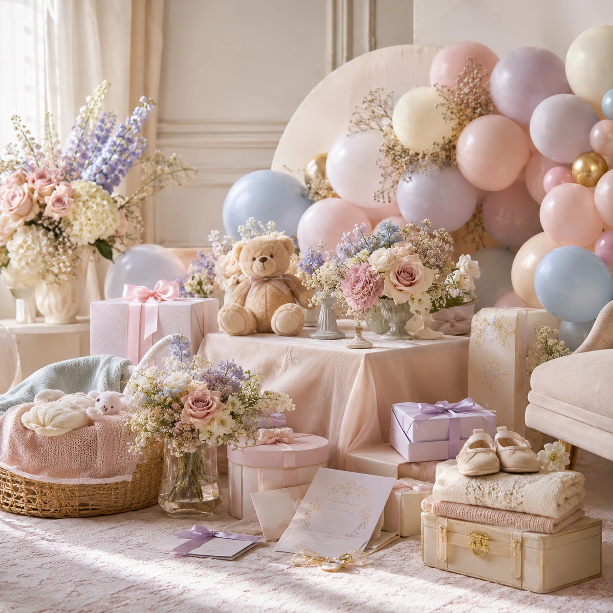 Moodboard elegante de baby shower con globos, flores, osito y papelería en tonos rosa, crema y lavanda