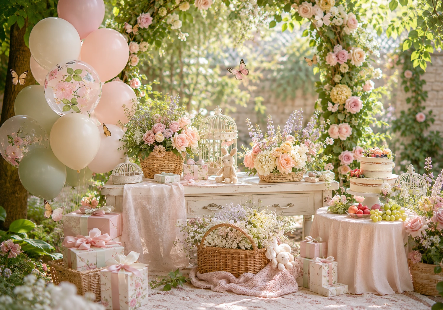 Tema jardín encantado para baby shower con flores, mariposas y mesa en exterior
