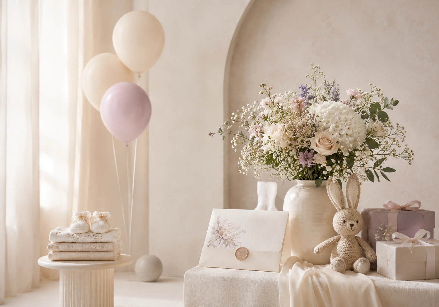 Tema minimalista de baby shower con papelería crema y detalles lavanda