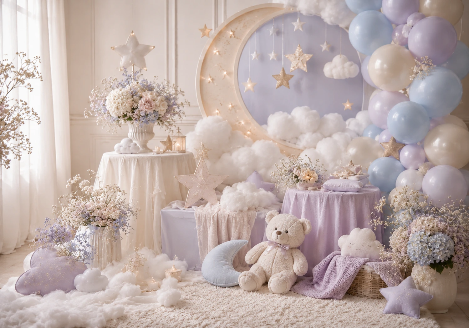Tema nube y estrellas para baby shower en colores celeste, crema y lavanda