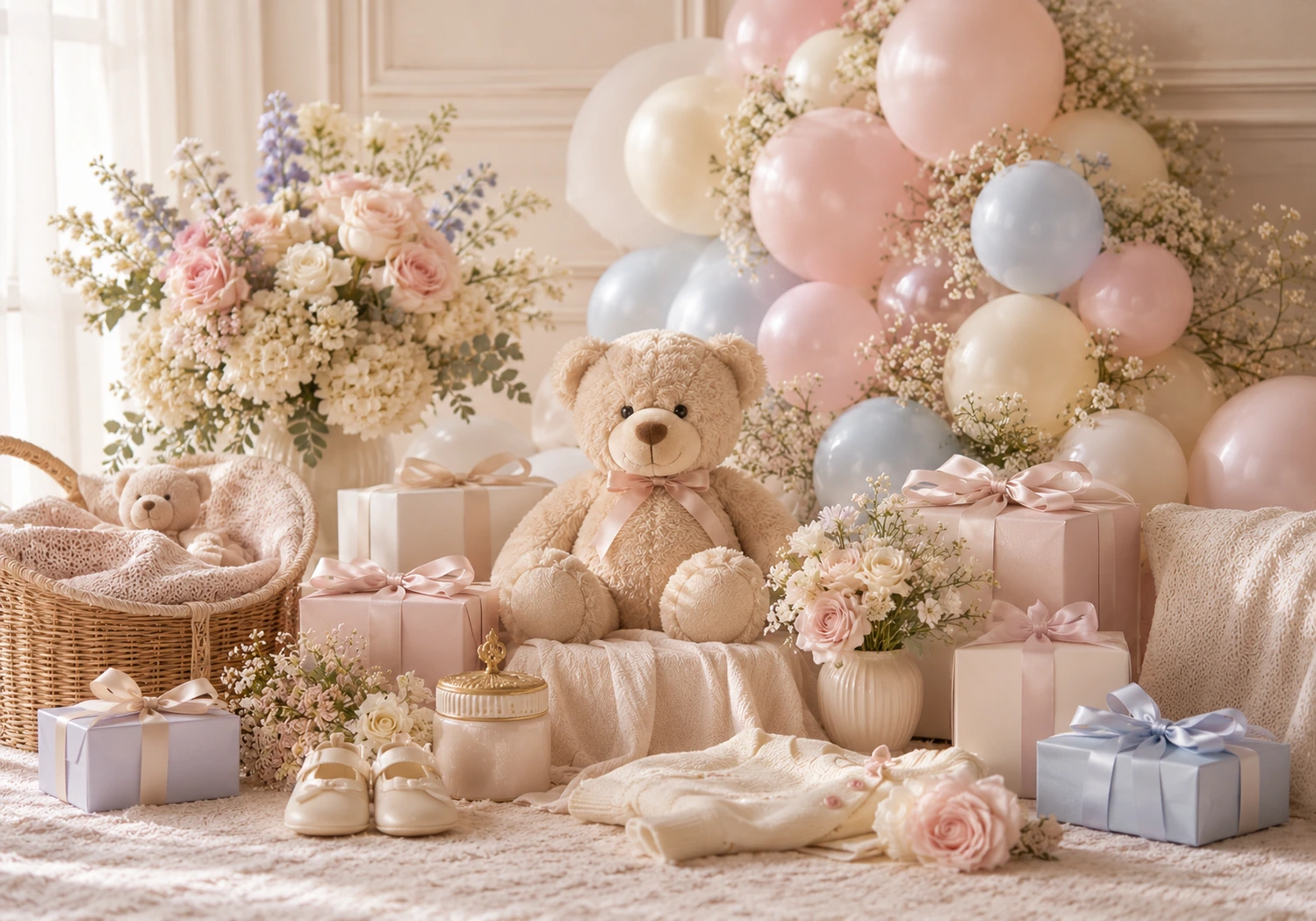 Tema osito dulce para baby shower con globos rosa crema y peluche