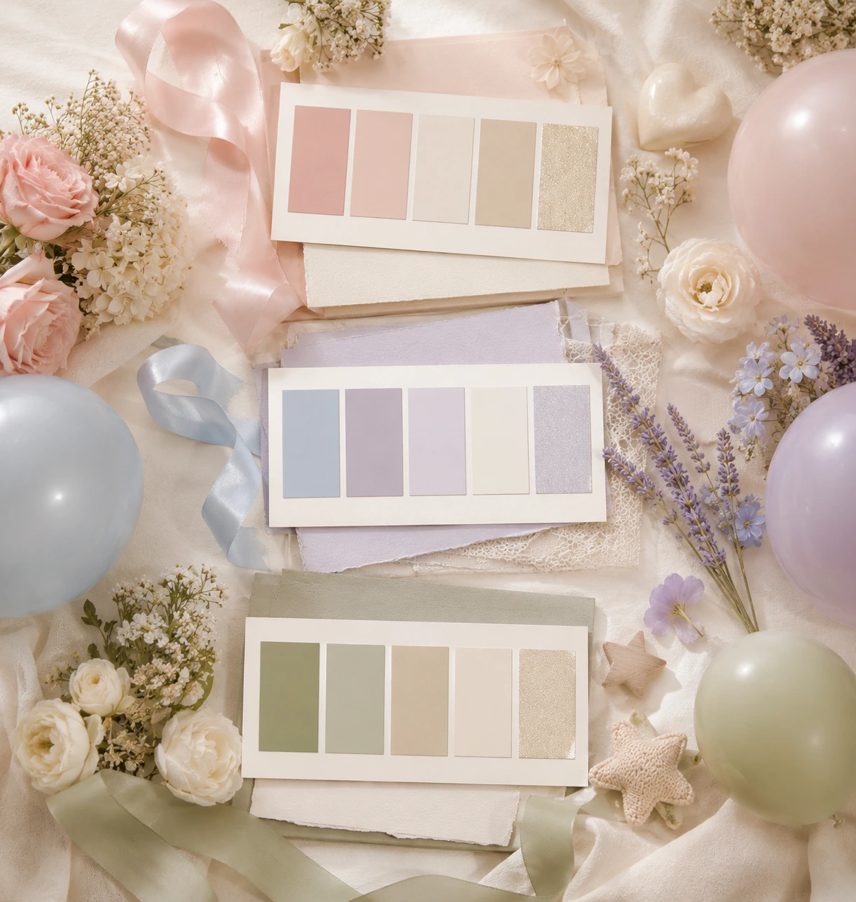 Muestras de paletas de color para baby shower en rosa, lavanda, azul y crema