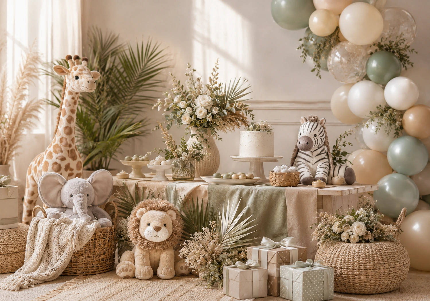 Tema safari moderno para baby shower con animales suaves y follaje elegante