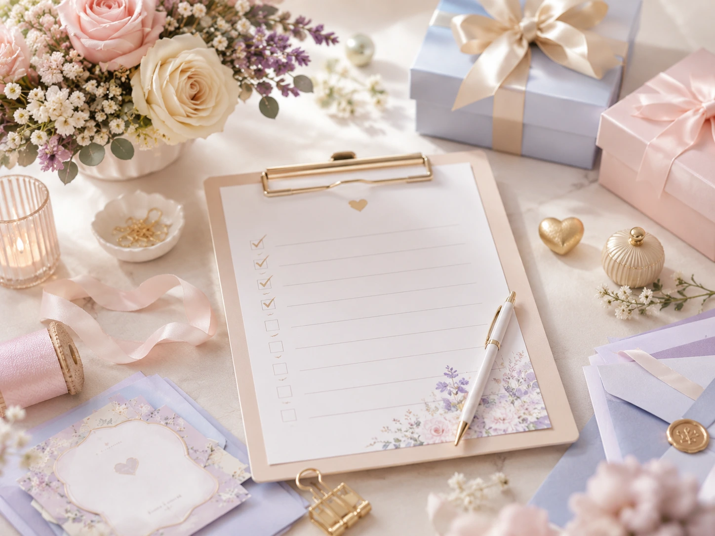Checklist impresa para baby shower con papelería y flores suaves