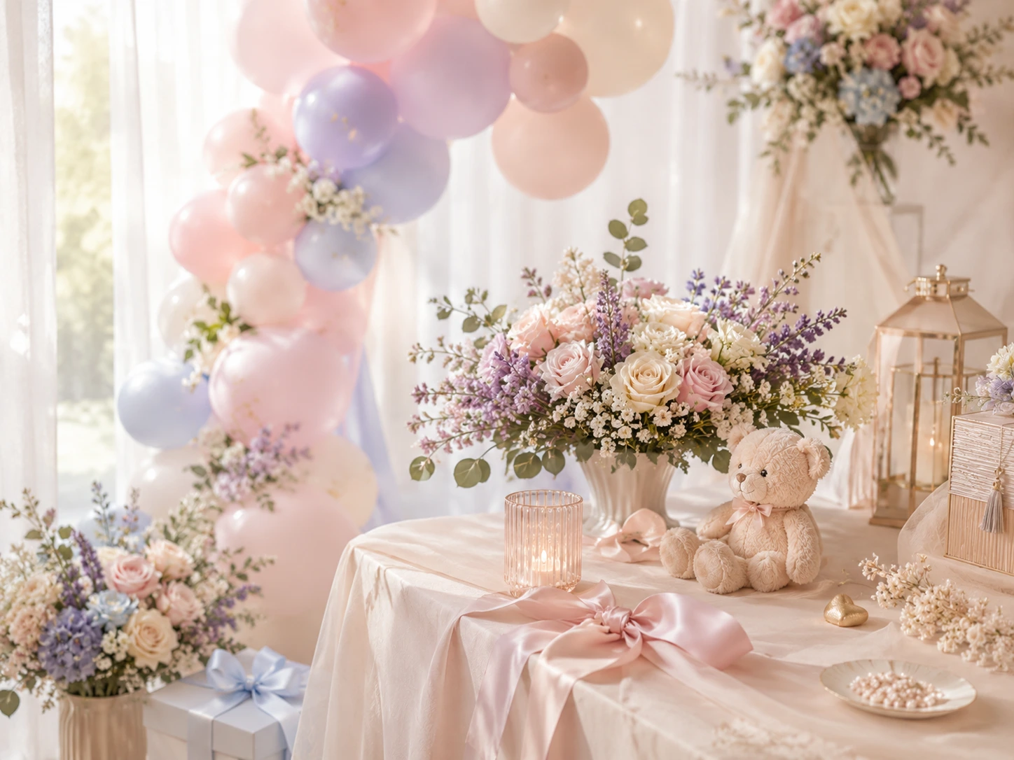Decoración delicada de baby shower con globos y flores