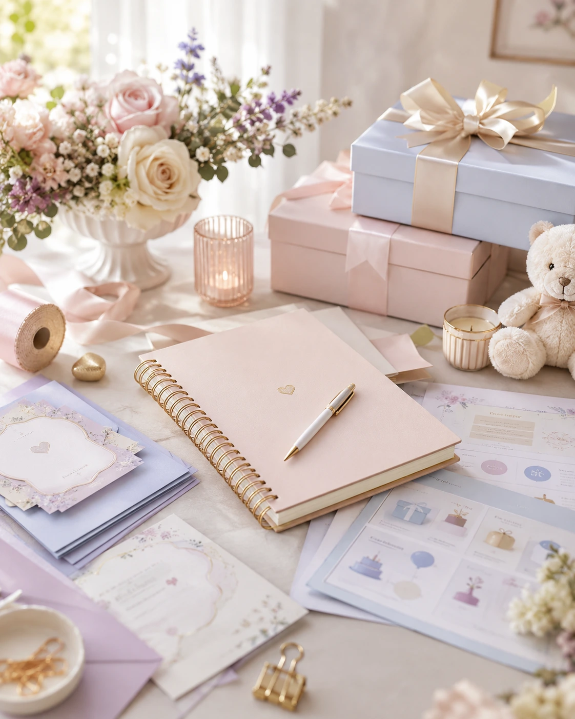 Mesa de planificación para baby shower con guías, flores, papelería y regalos en tonos pastel