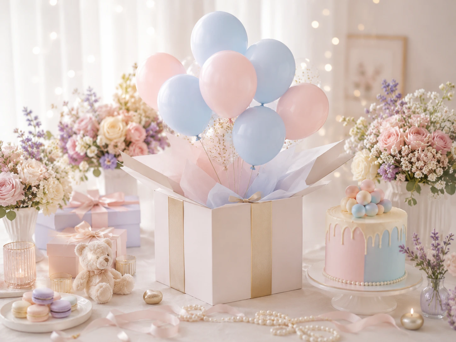 Regalos para bebé envueltos en tonos rosa, crema y lavanda