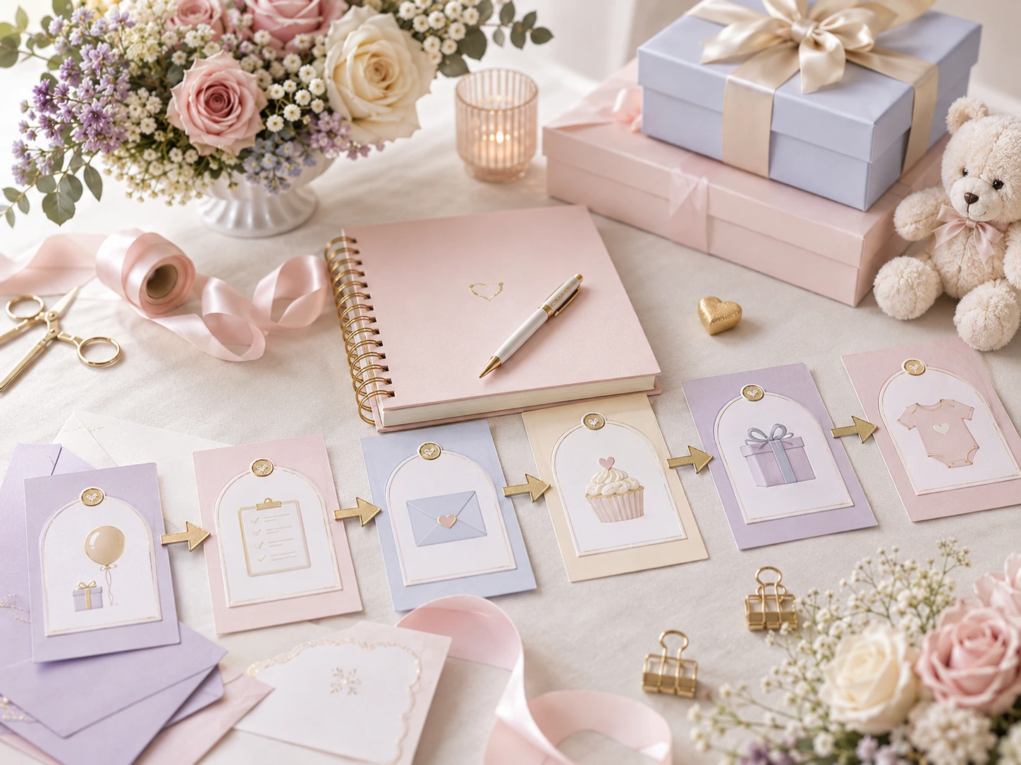 Agenda de organización de baby shower con flores, tarjetas y detalles pastel