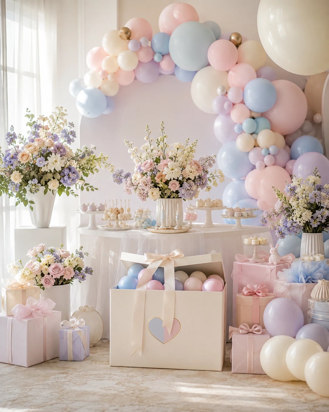 Decoración elegante para gender reveal con globos pastel, flores y detalles sorpresa