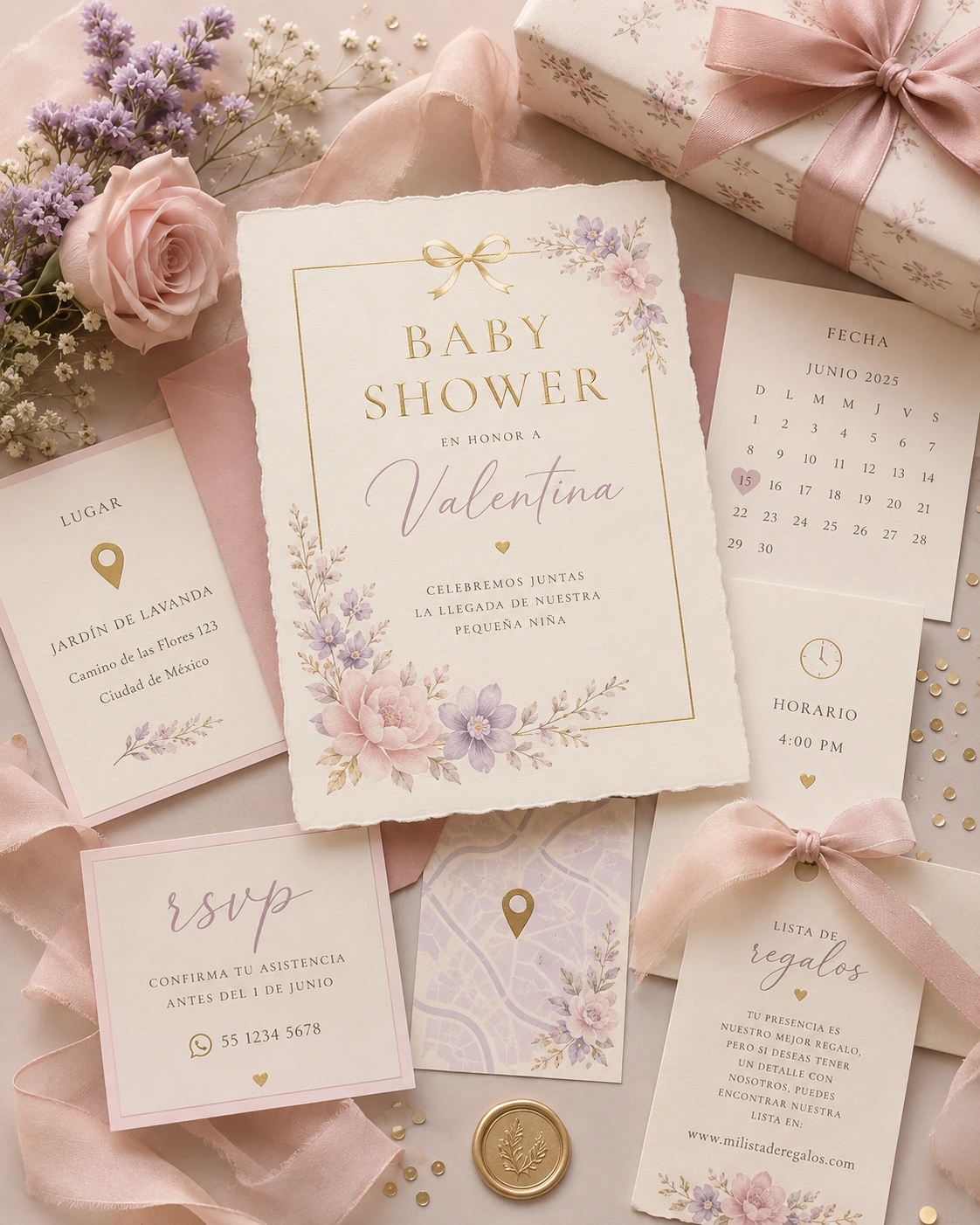 Tarjeta de invitación de baby shower con diseño floral y detalles elegantes