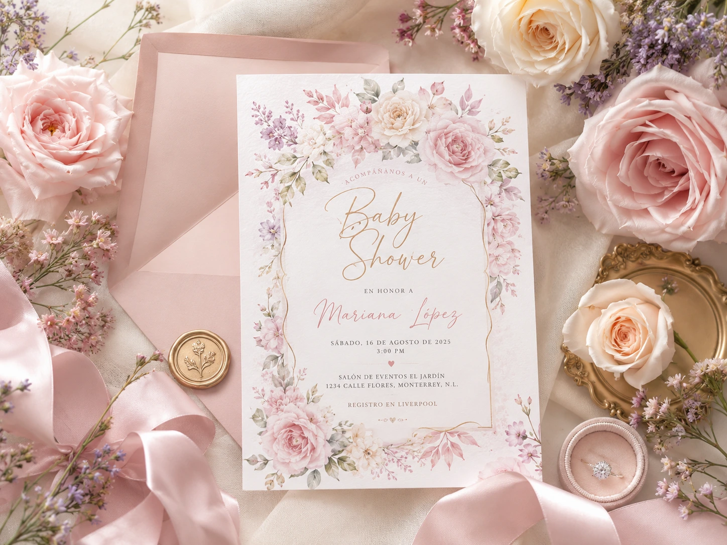 Invitación floral para baby shower en rosa empolvado y crema