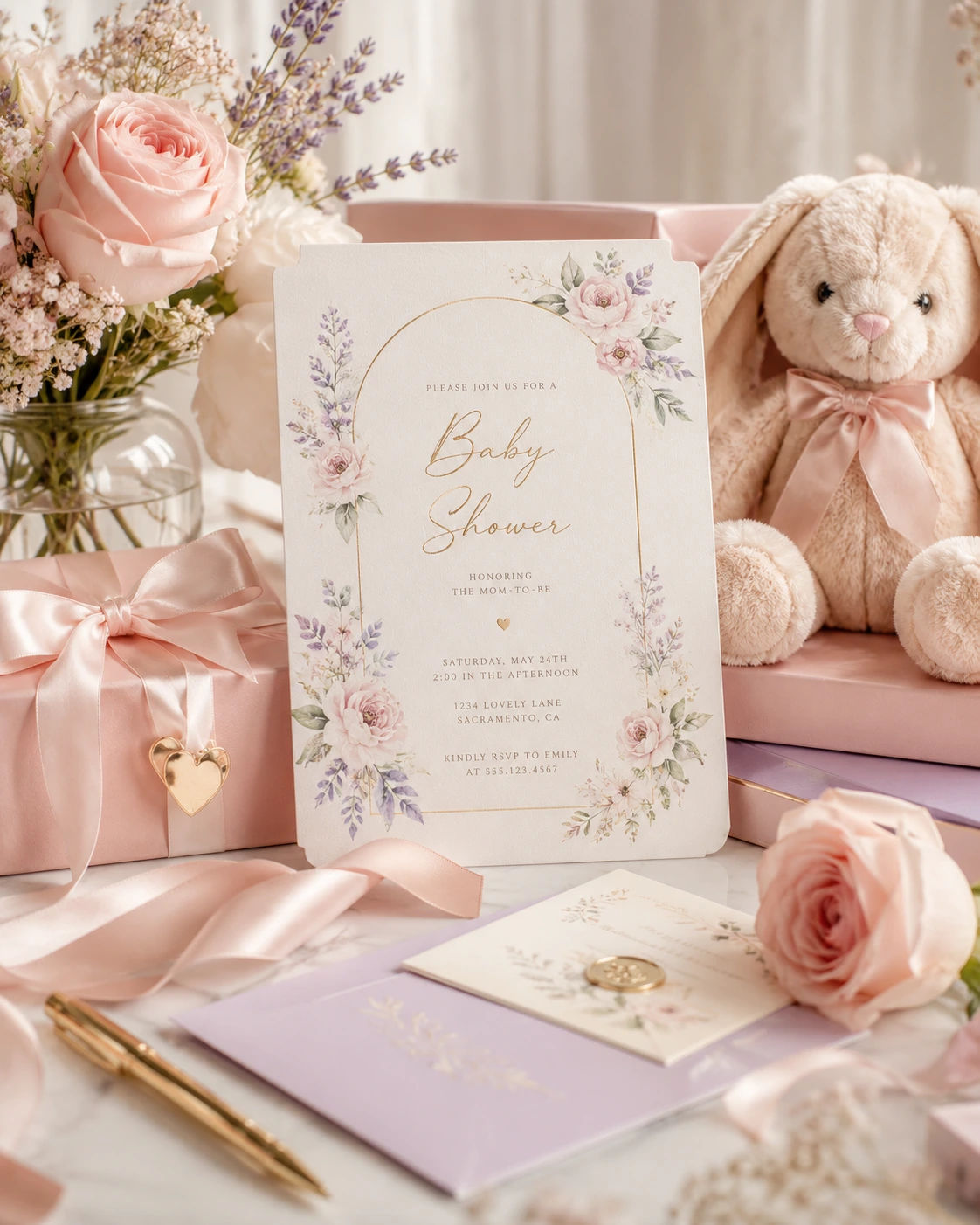 Invitación digital de baby shower con flores, papelería y detalles en tonos pastel