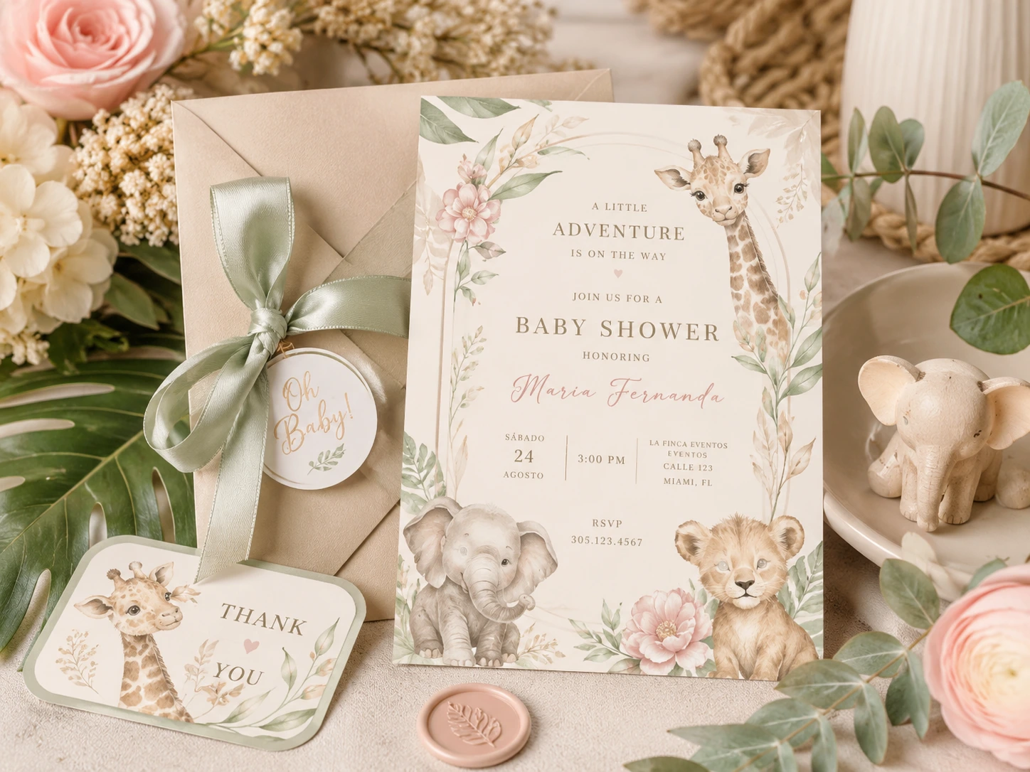 Invitación temática safari para baby shower con animalitos tiernos