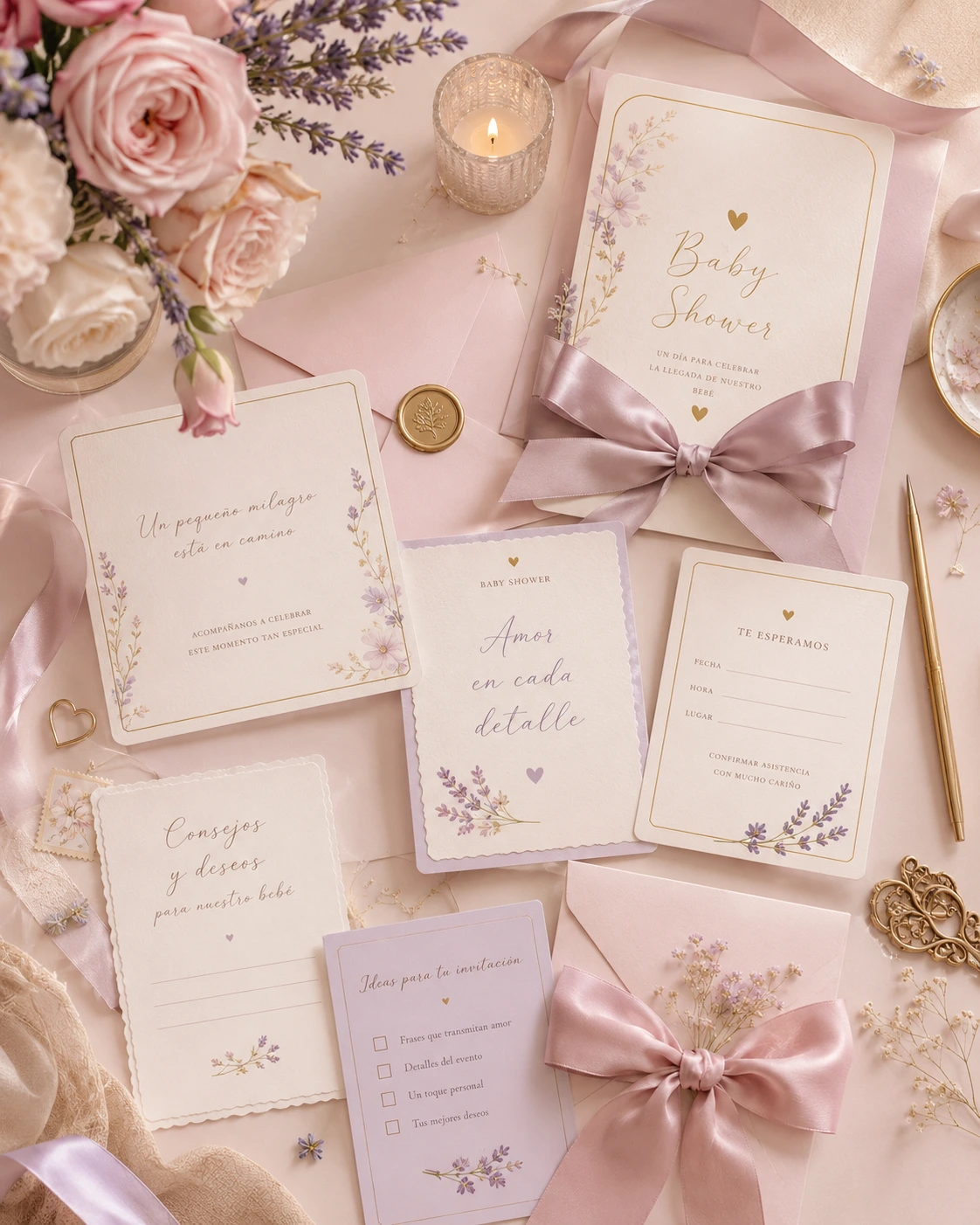 Papelería y sobres de invitación para baby shower con moños y flores