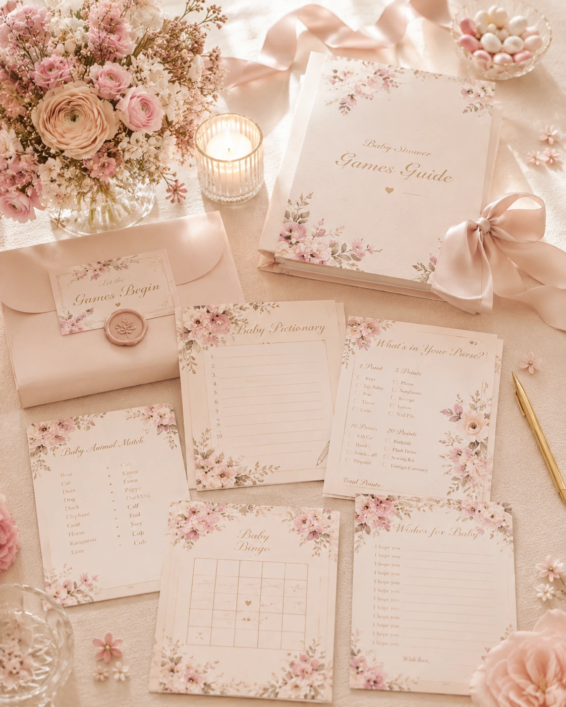 Mesa de juegos para baby shower con tarjetas, flores, regalos y decoración pastel