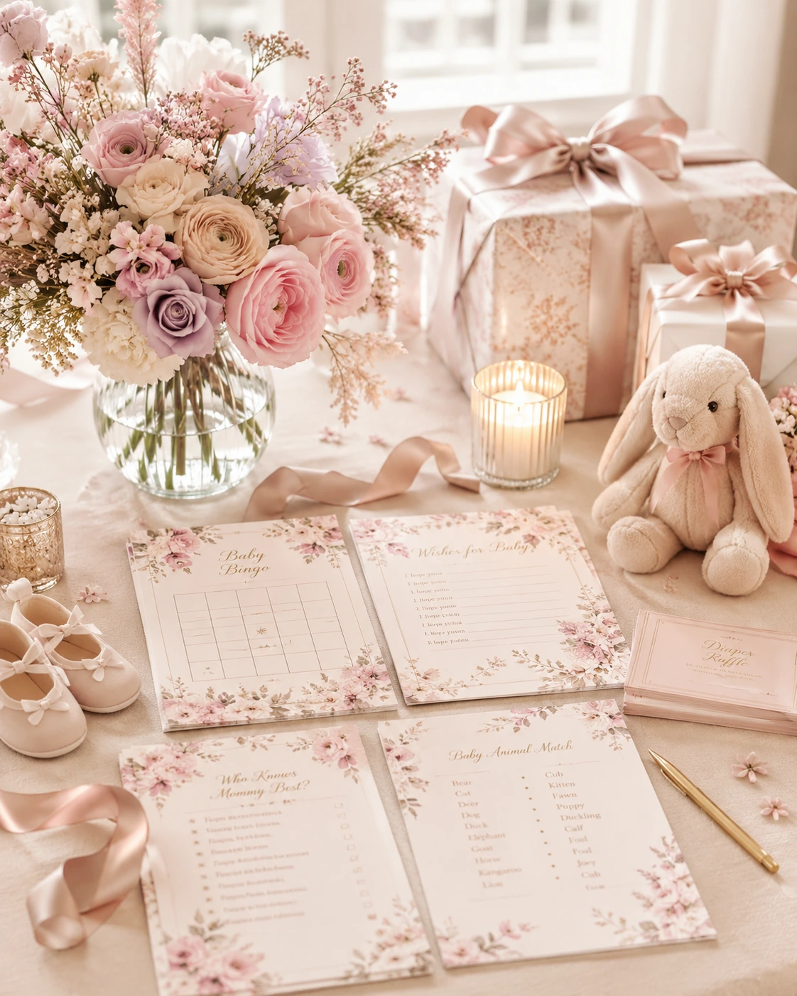 Kit elegante de juegos para baby shower con tarjetas y papelería floral