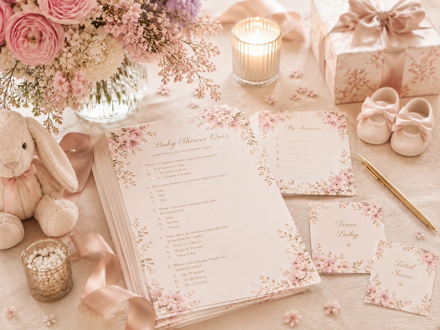 Tarjetas de predicciones para bebé en una mesa decorada