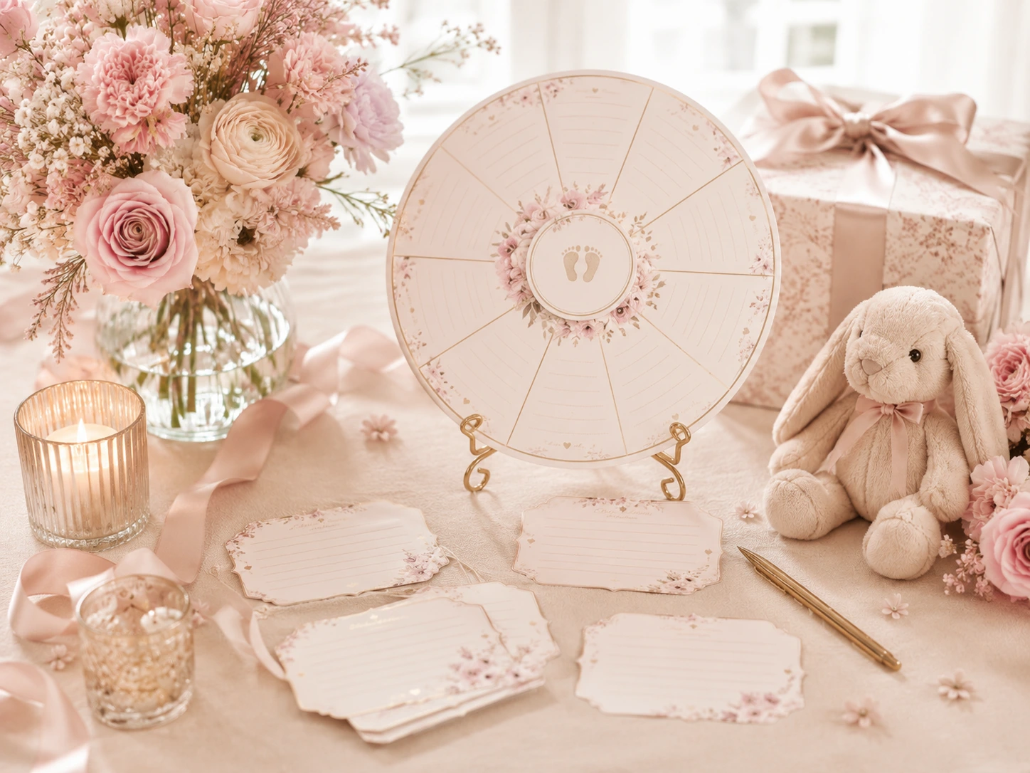 Rueda de consejos para nuevos padres decorada en tonos pastel