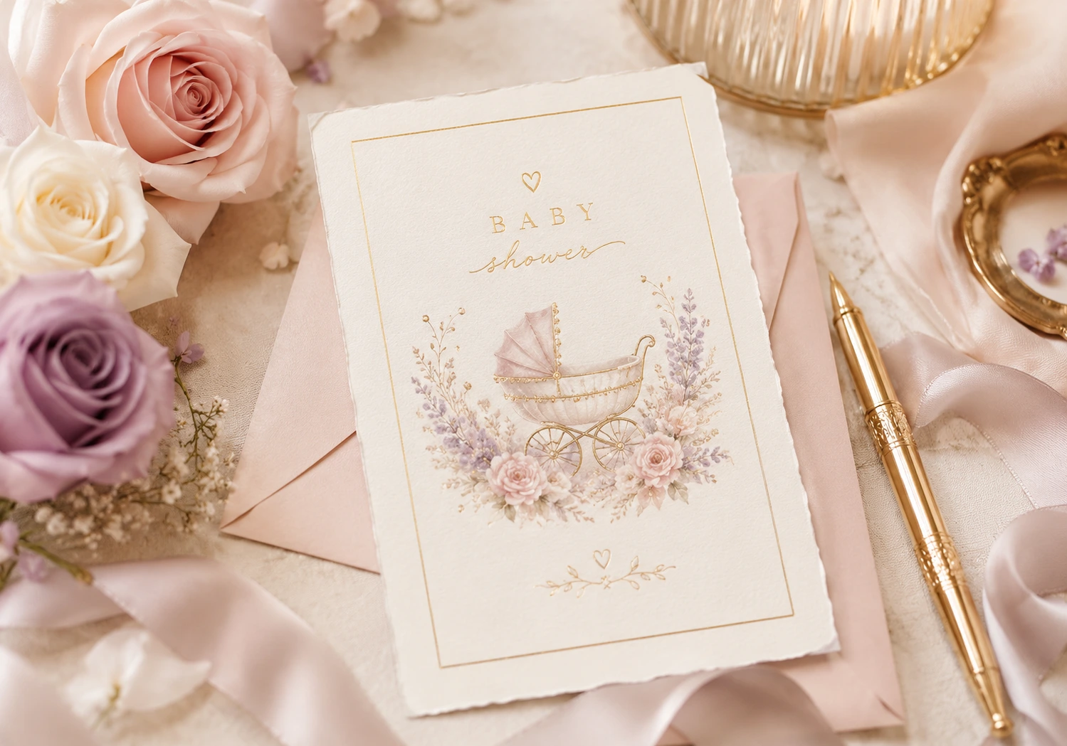 Mesa elegante de baby shower con flores claras y papelería premium
