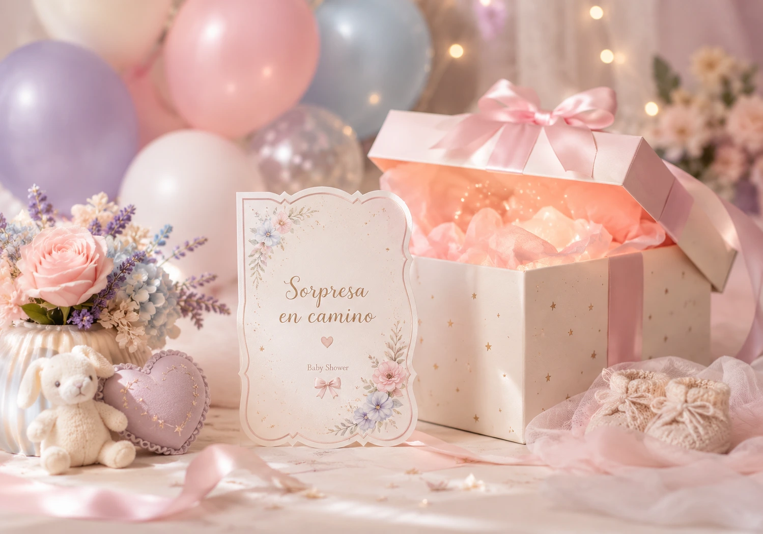 Caja de regalo con globos de baby shower y decoración sorpresa