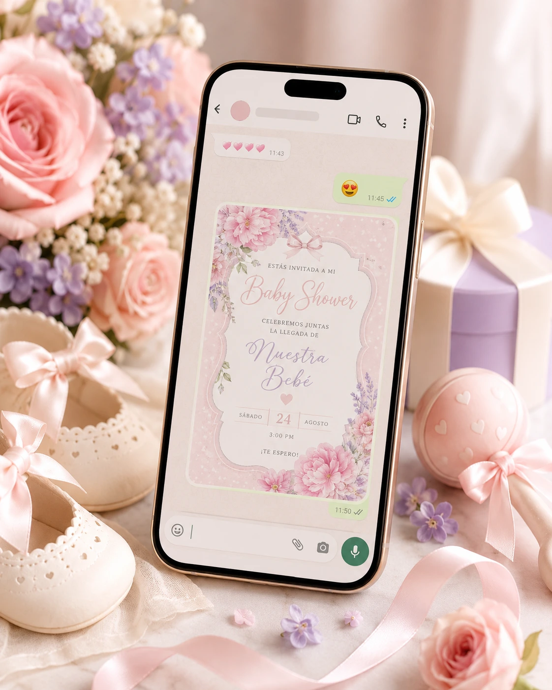 Teléfono mostrando una invitación digital de baby shower compartida por WhatsApp
