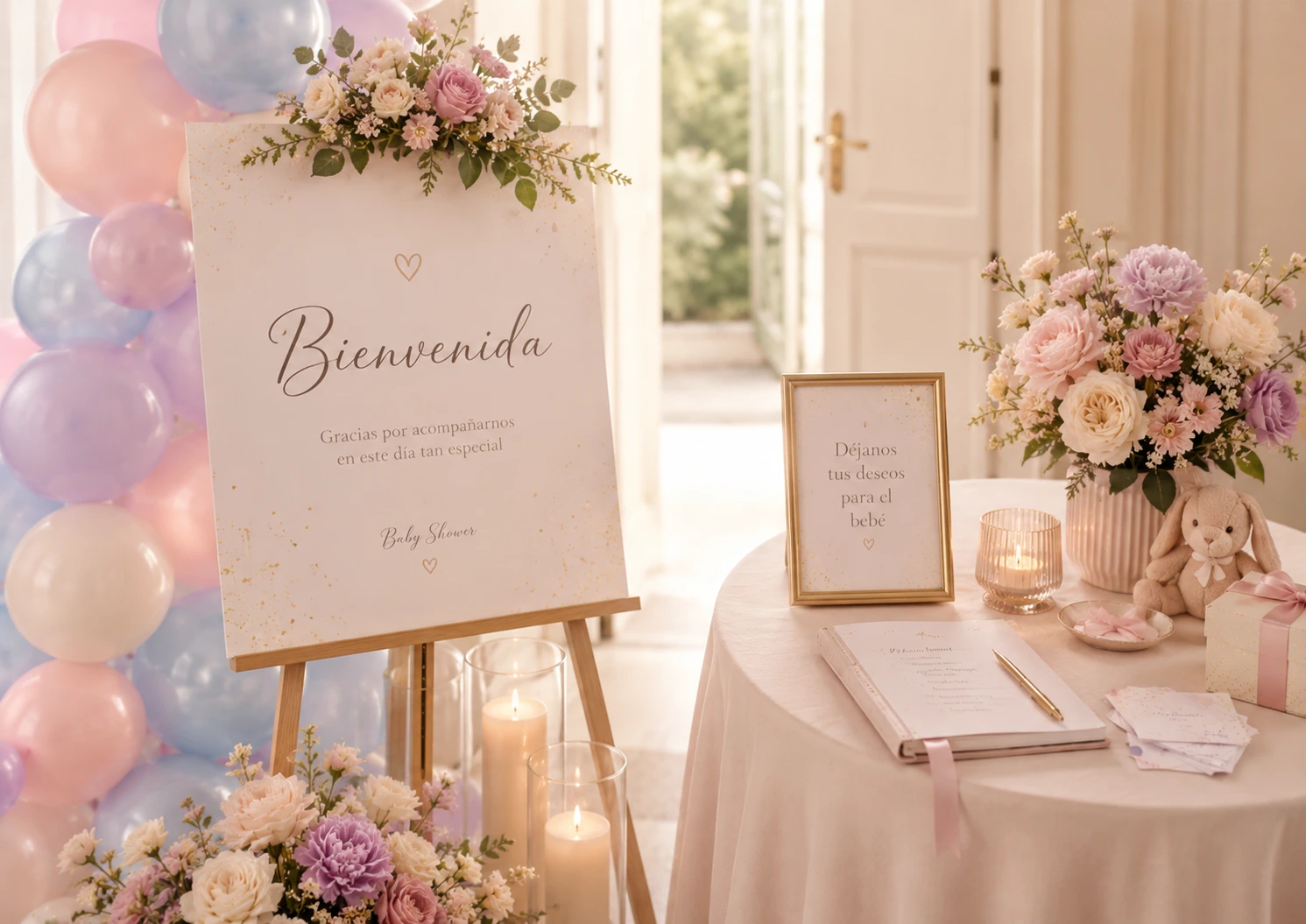 Mesa de bienvenida para baby shower con cartel y flores
