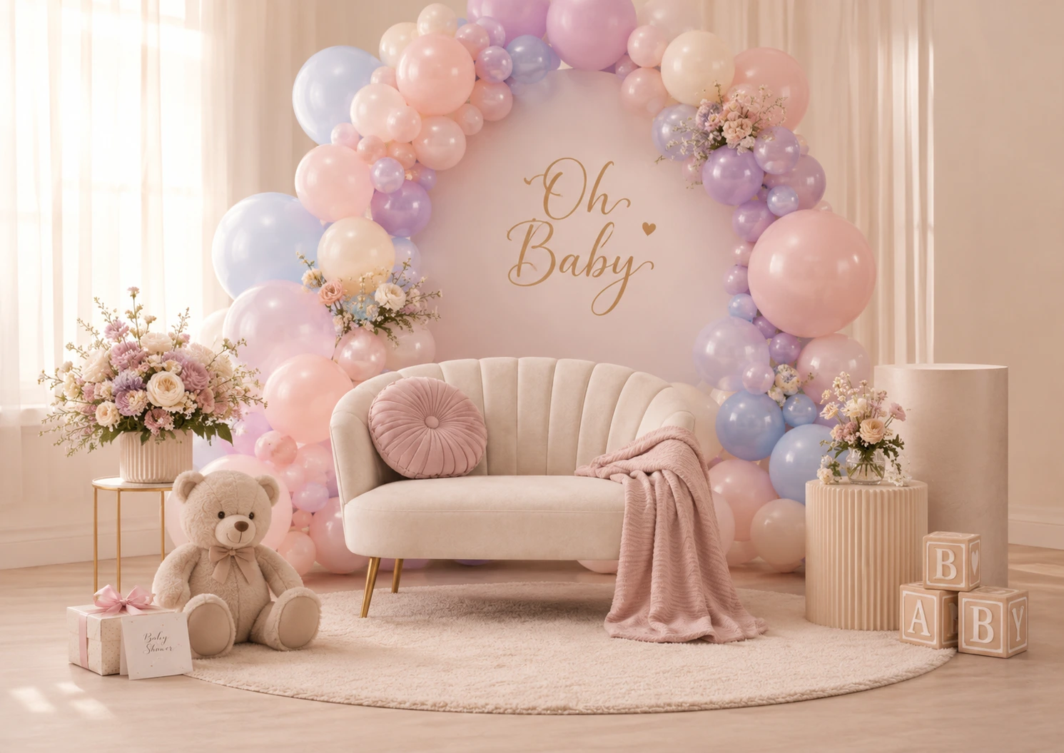 Rincón de fotos de baby shower con globos suaves y flores