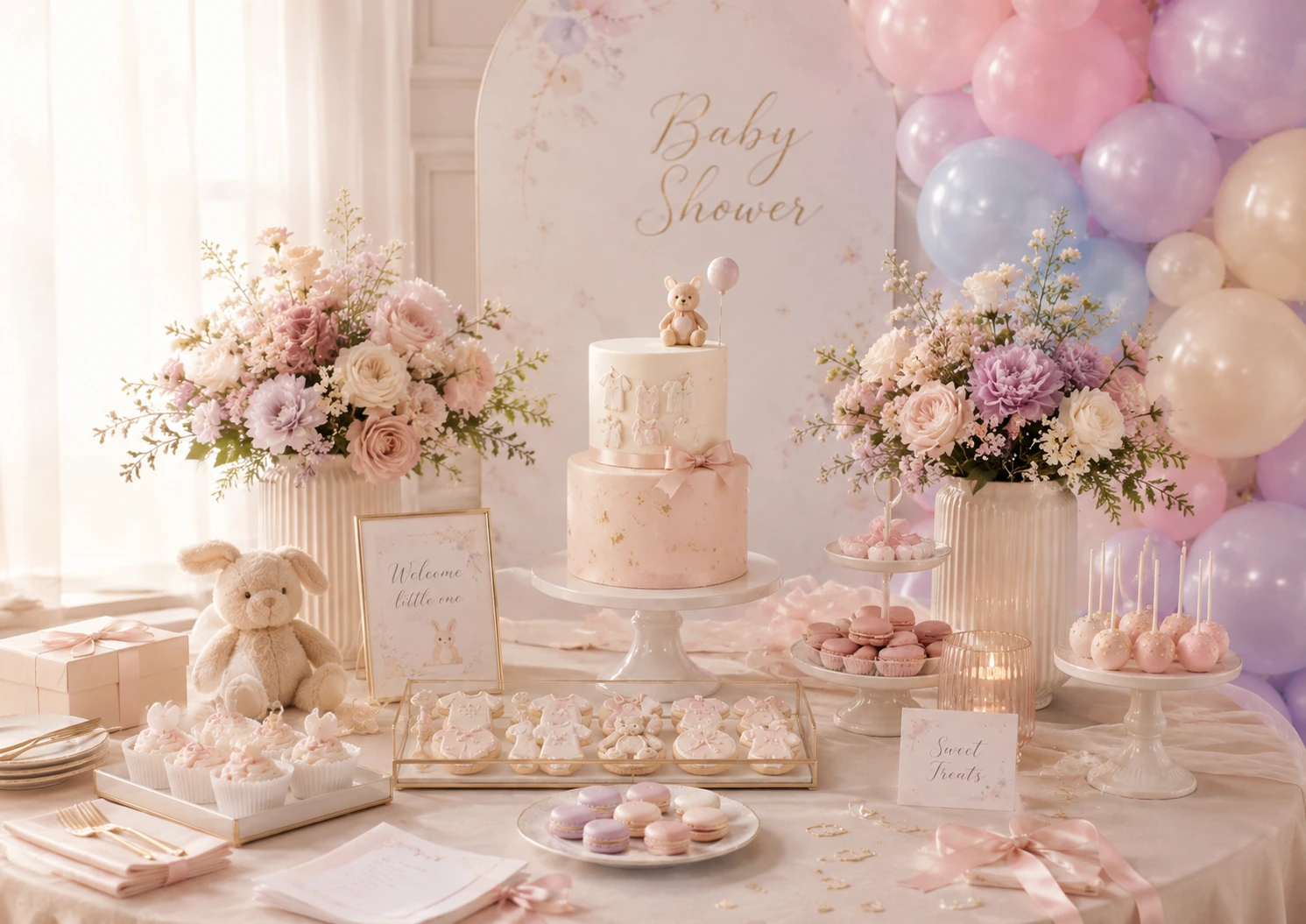 Mesa de dulces de baby shower en tonos rosa crema y lavanda