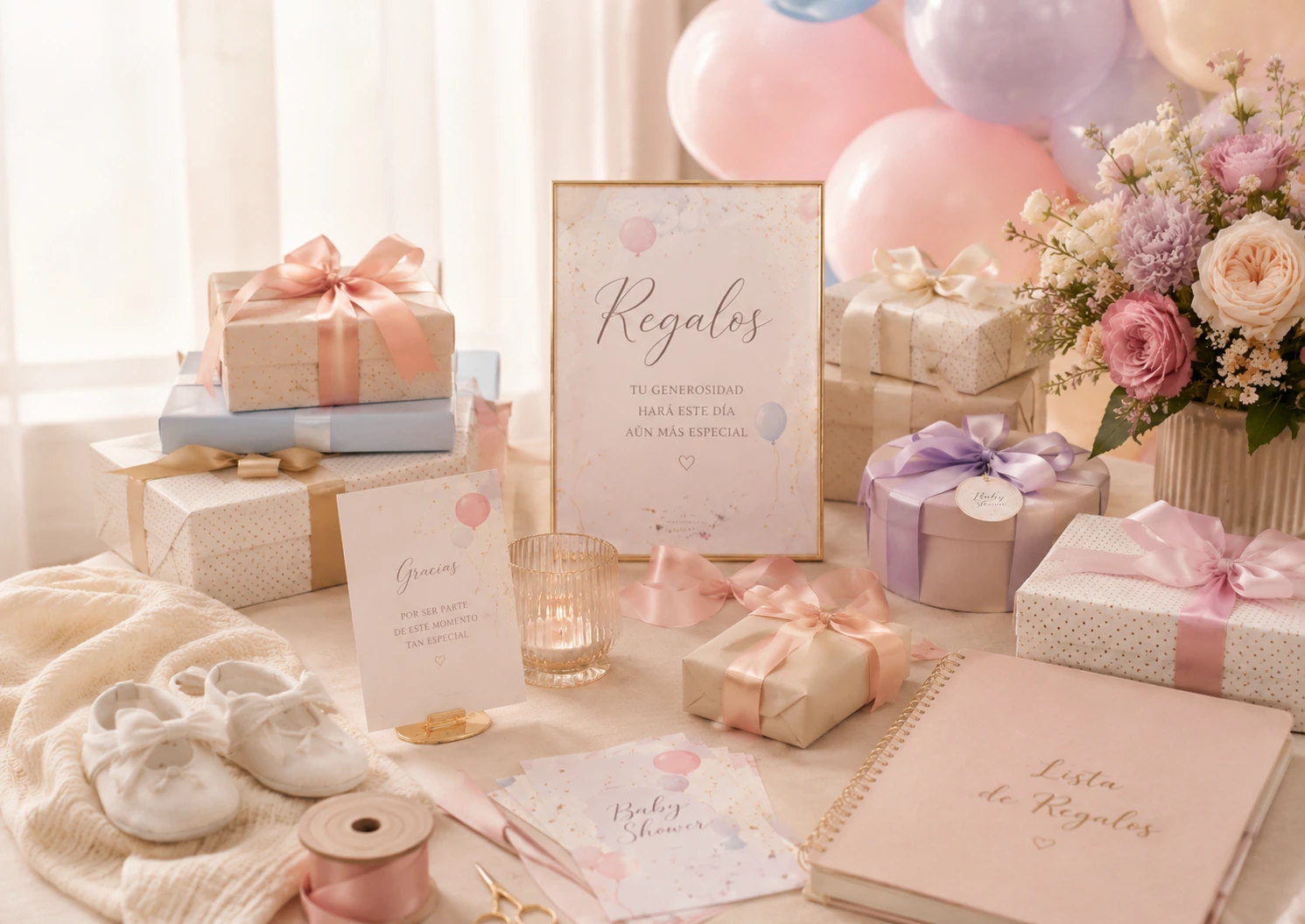 Regalos para bebé envueltos en tonos pastel con tarjeta