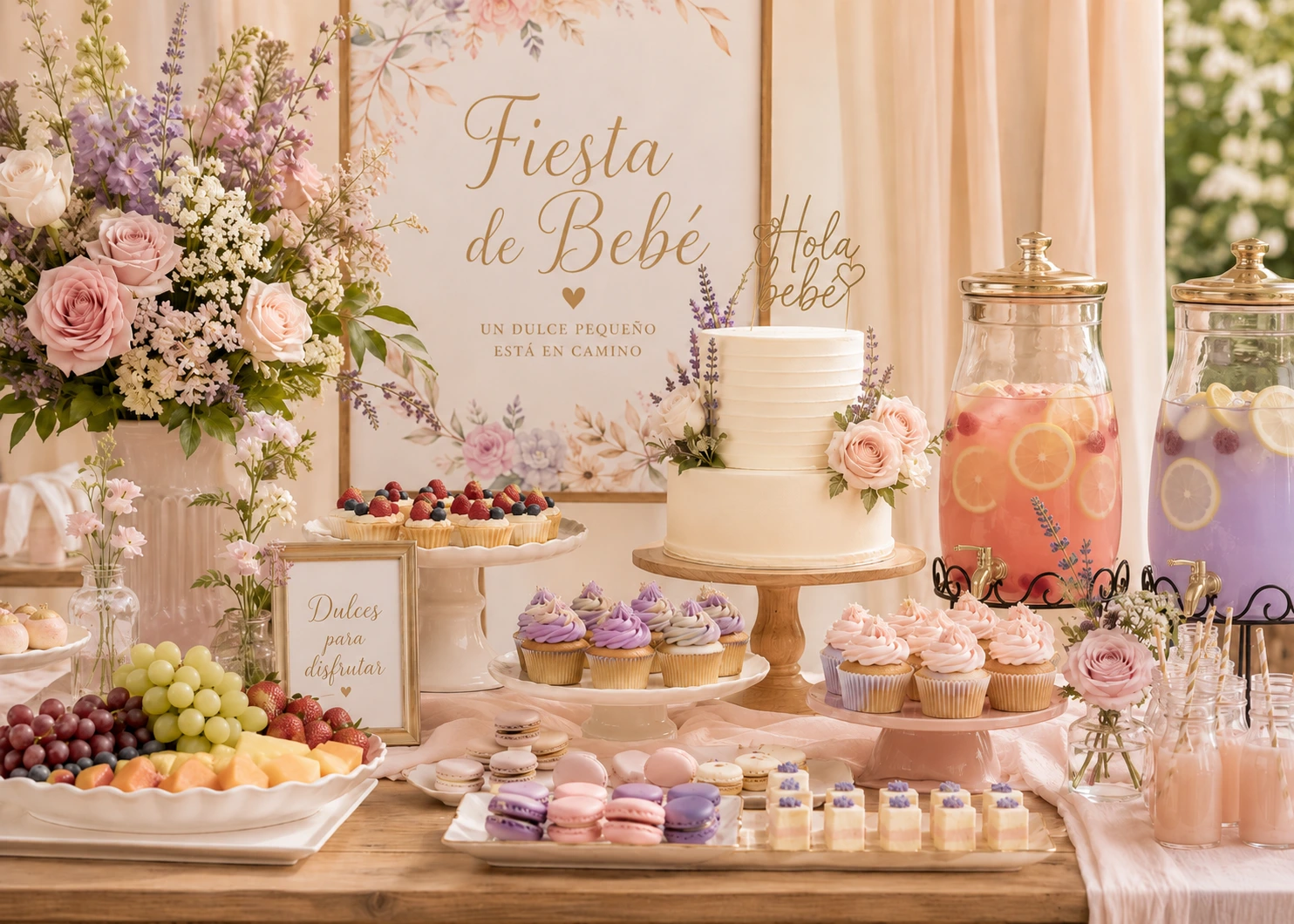 Mesa de bocadillos y postres para baby shower elegante