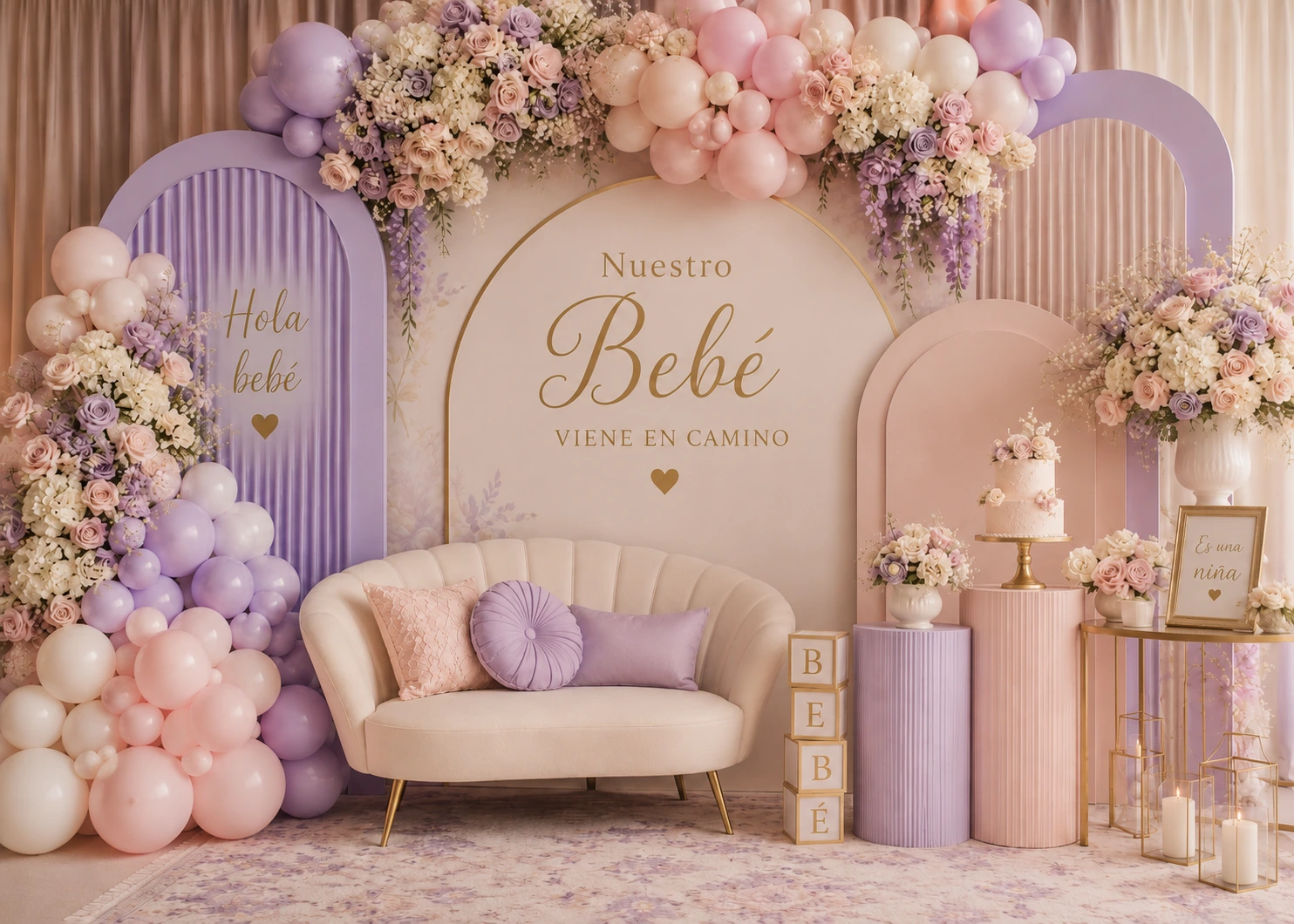 Decoración de baby shower con globos, flores y tonos lavanda crema