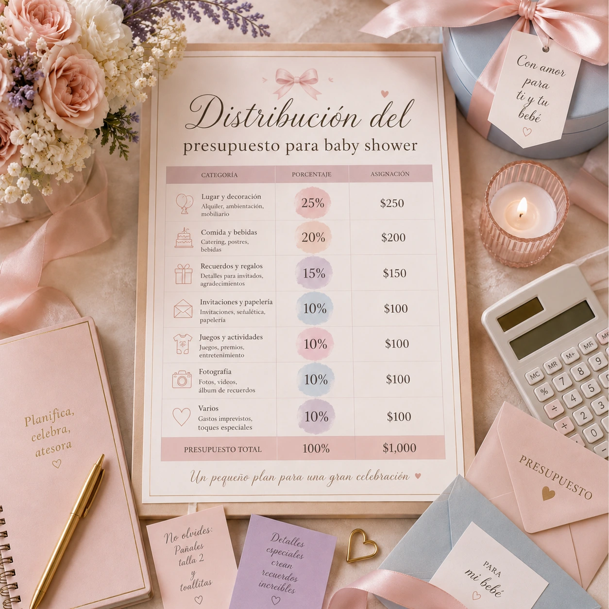 Tabla de distribución de presupuesto para baby shower con notas y elementos pastel