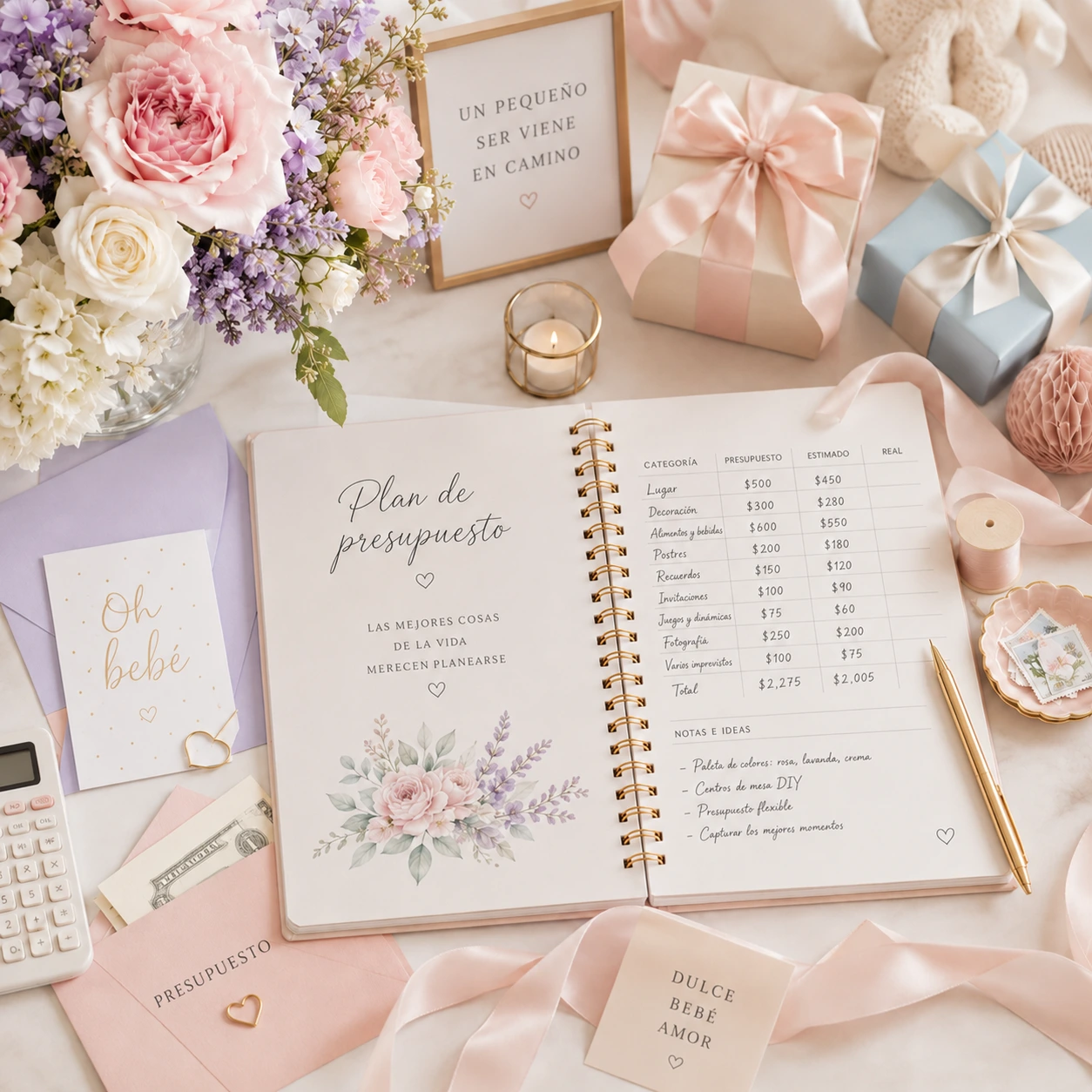Libreta de presupuesto de baby shower con flores, sobres y decoración pastel