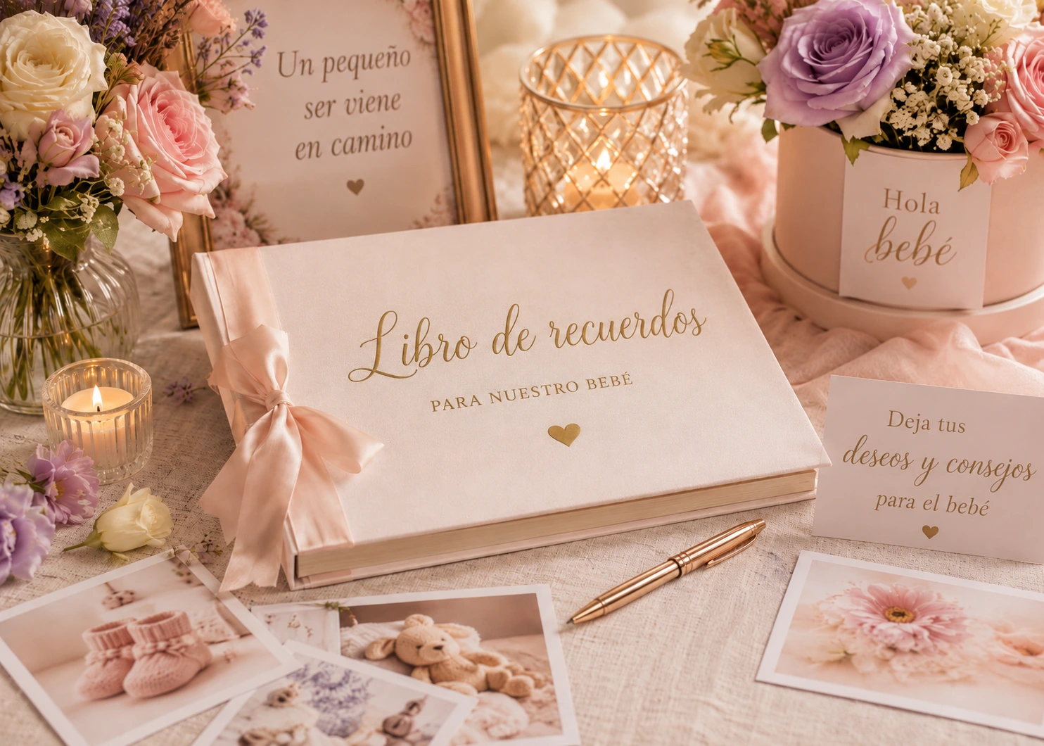 Libro de recuerdos y fotografías de baby shower sobre una mesa elegante