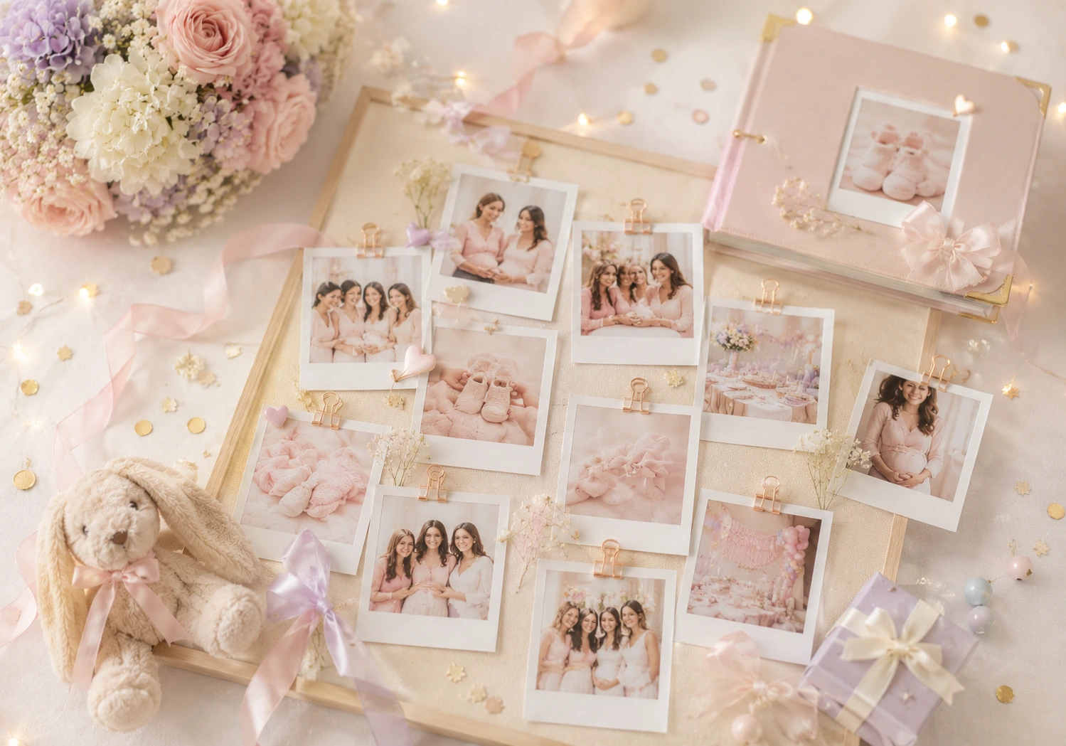 Fotografías instantáneas de familiares en un baby shower