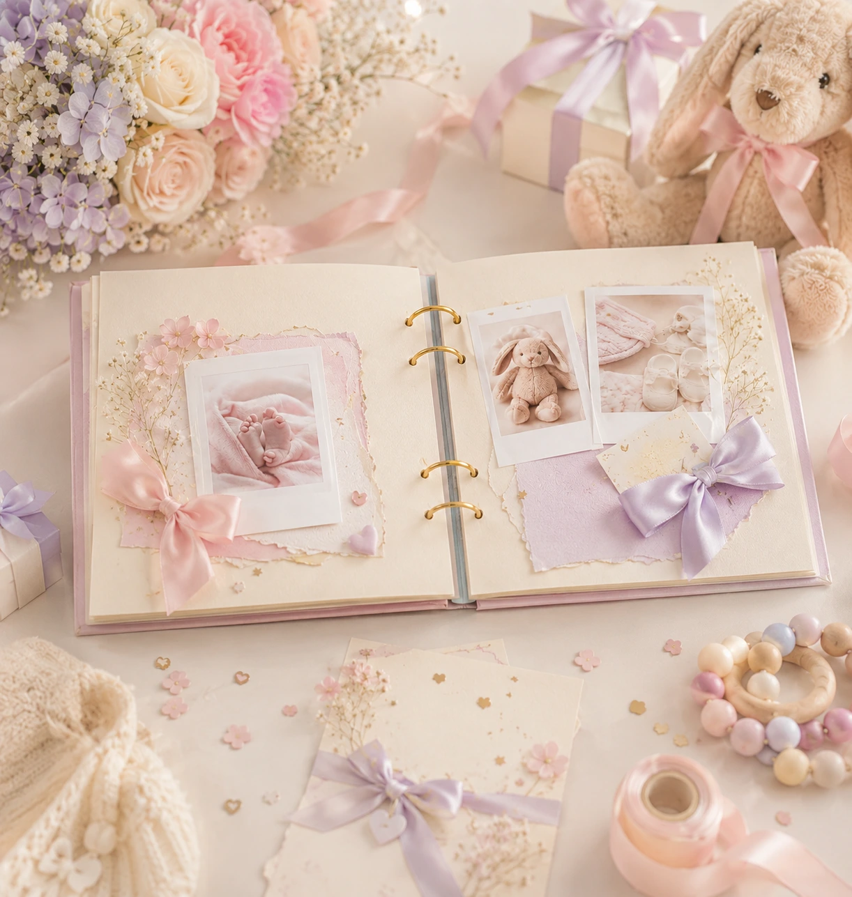 Libro de recuerdos abierto con una nota, flores suaves y accesorios de baby shower