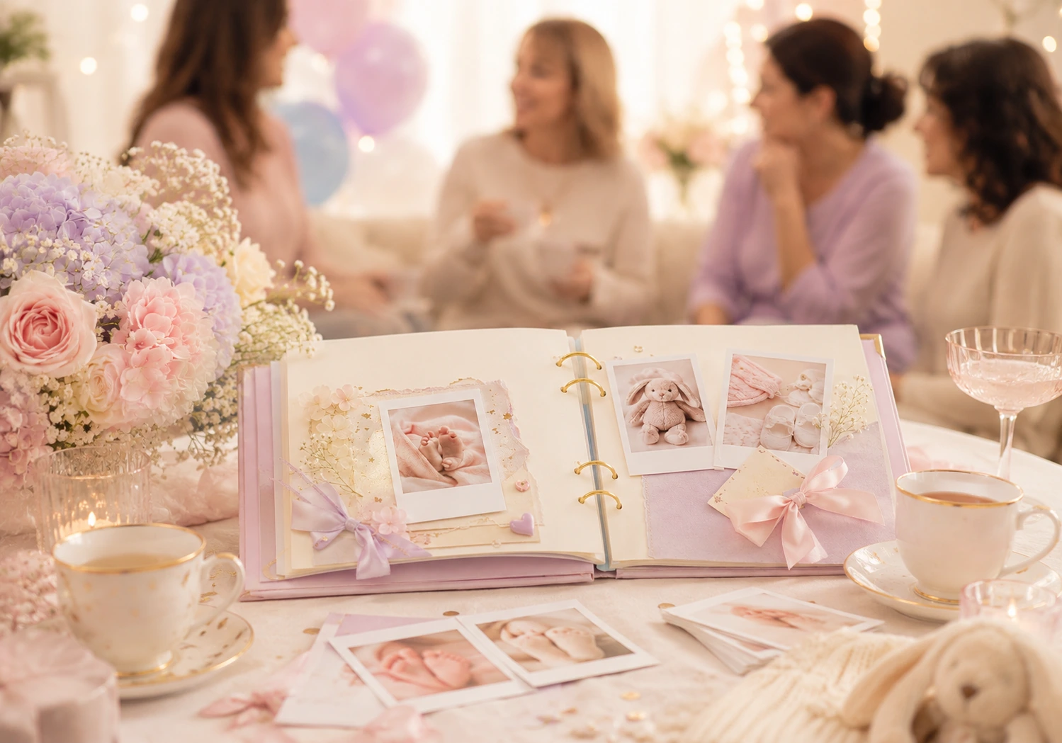 Familia conversando y compartiendo historias durante un baby shower
