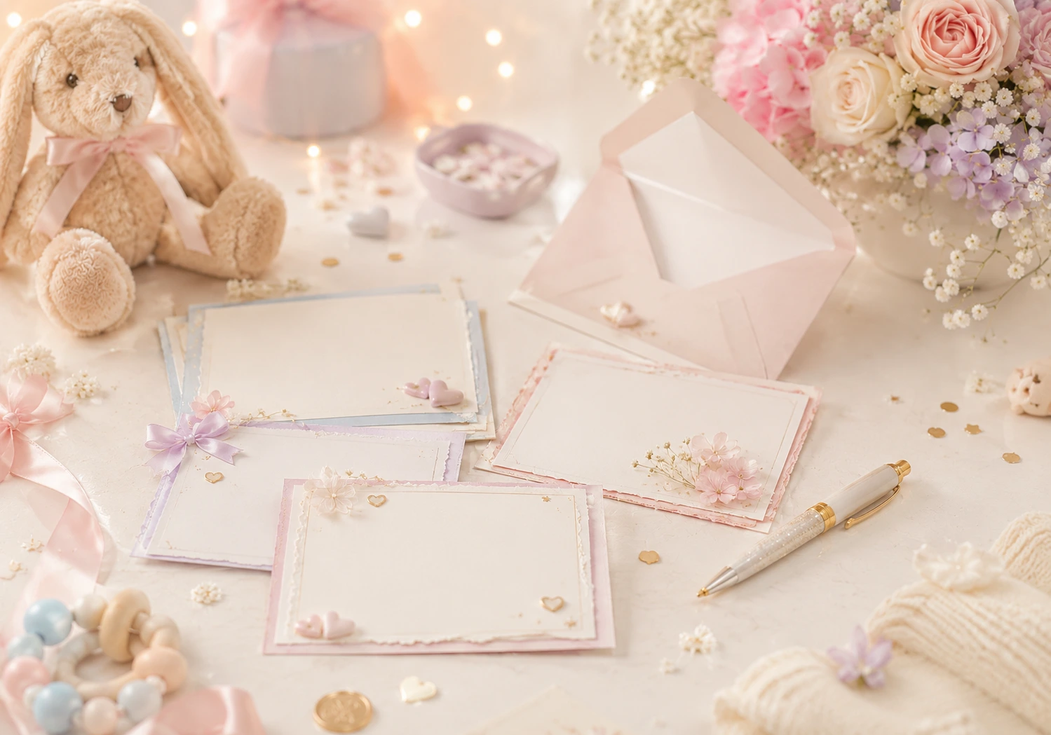 Tarjetas con mensajes y deseos para bebé en una mesa de baby shower