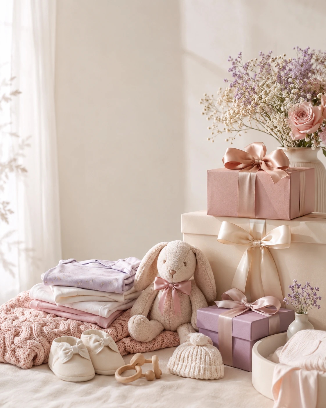 Regalos para bebé cuidadosamente envueltos en tonos rosa suave, crema y lavanda