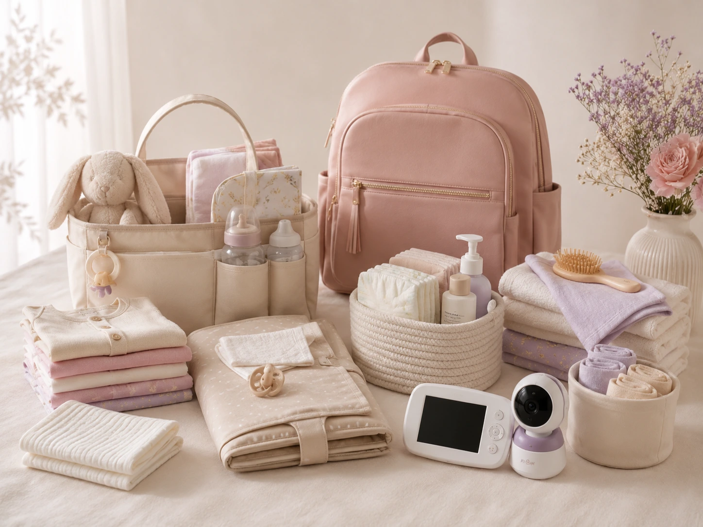 Regalos prácticos para bebé organizados sobre una mesa clara